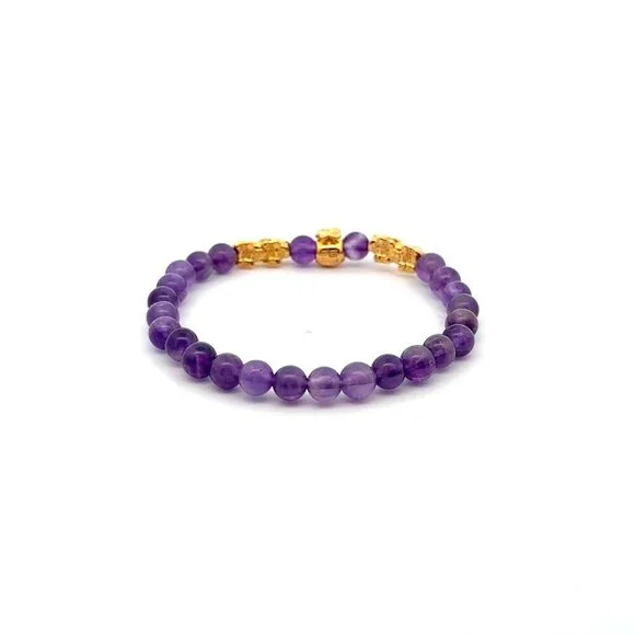 18K Gold Pixiu Piyao Money Bag Charm Bracelet Birthstones Gemstone Amethyst 6mm - Picture 2 of 4